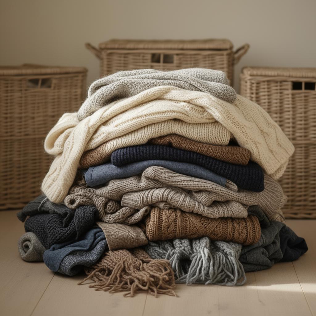 Pila disordinata di maglioni e coperte